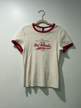 Divided Cream Ringer Tee with Red Trim and Racing Graphic